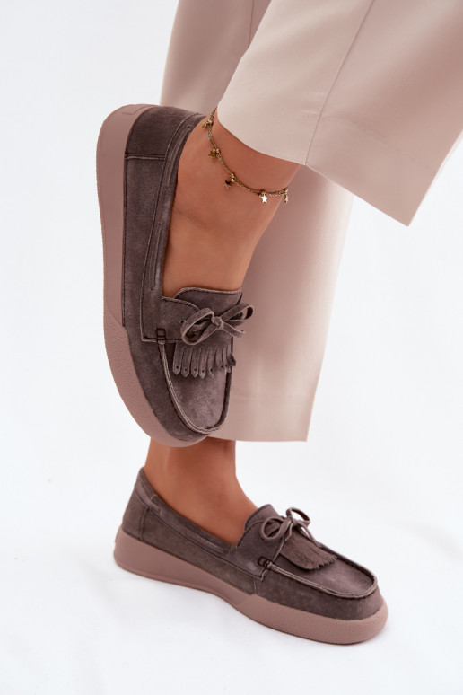 Women's Suede Loafers With Bow And Fringes Vinceza 93223 Brown