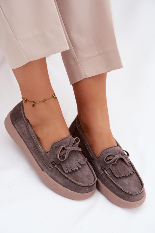 Women's Suede Loafers With Bow And Fringes Vinceza 93223 Brown