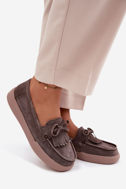Women's Suede Loafers With Bow And Fringes Vinceza 93223 Brown