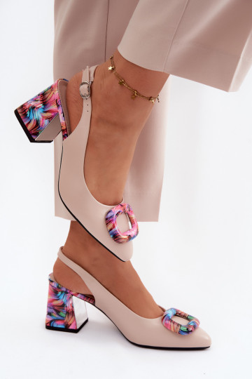 Women's Block Heel Sandals With Decorative Clasp Vinceza 62289 Beige