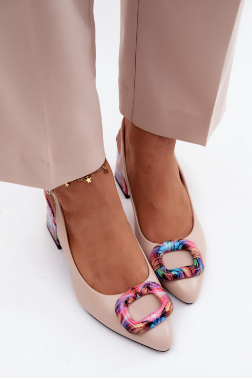 Women's Block Heel Sandals With Decorative Clasp Vinceza 62289 Beige