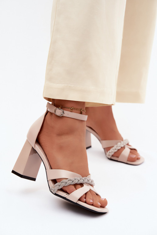 Women's Block Heel Sandals with Strap and Rhinestones Vinceza Beige