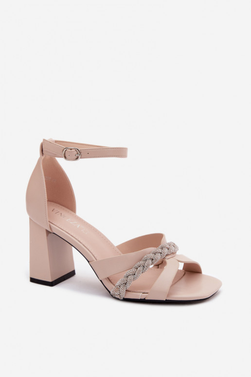 Women's Block Heel Sandals with Strap and Rhinestones Vinceza Beige