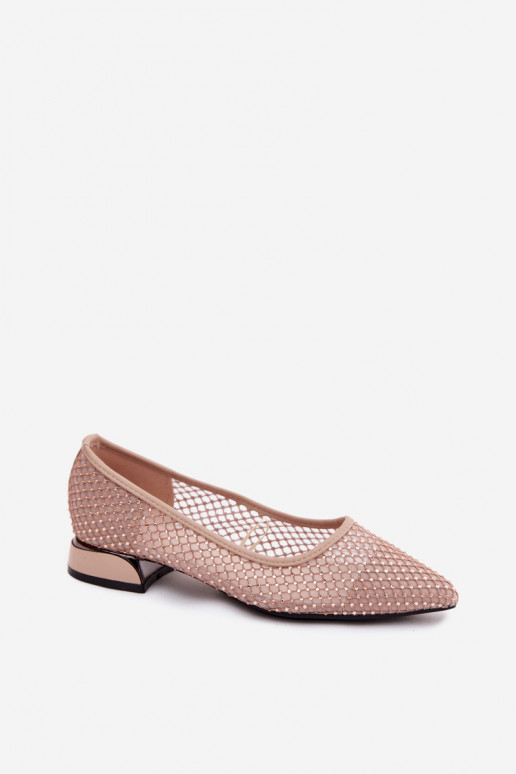 Beige ballerinas on low heel with mesh decoration Vinceza 62294