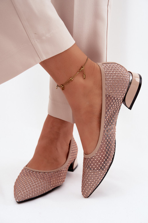 Beige ballerinas on low heel with mesh decoration Vinceza 62294