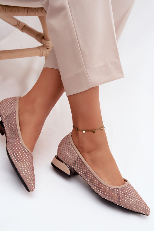Beige ballerinas on low heel with mesh decoration Vinceza 62294