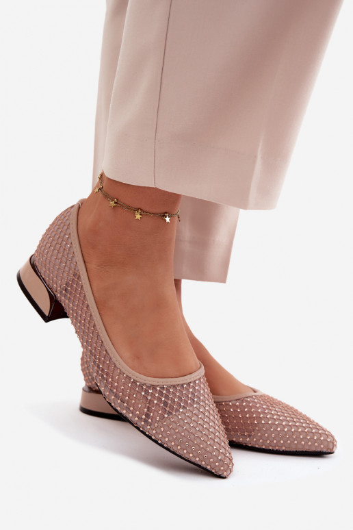 Beige ballerinas on low heel with mesh decoration Vinceza 62294