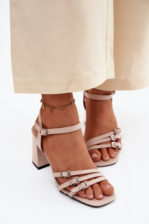 Beige women's sandals with small heels and straps Vinceza 62310