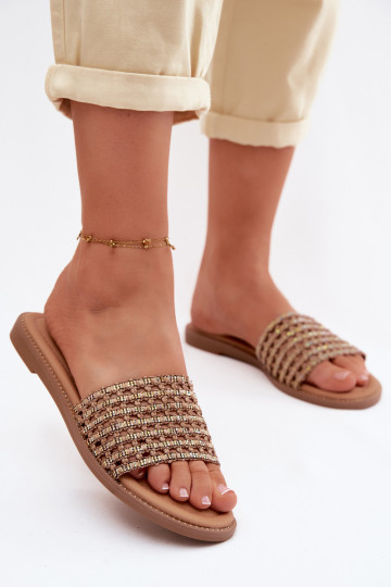 Women's Flat Rhinestone Brown Fendi Slides 2