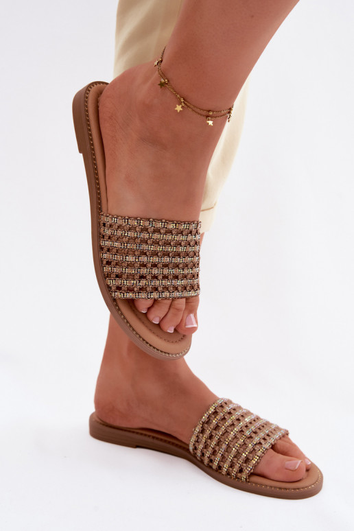 Women's Flat Rhinestone Brown Fendi Slides