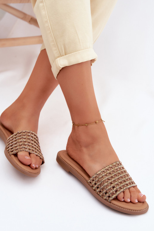 Women's Flat Rhinestone Brown Fendi Slides