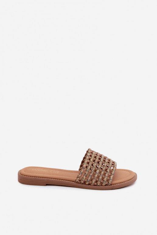Women's Flat Rhinestone Brown Fendi Slides