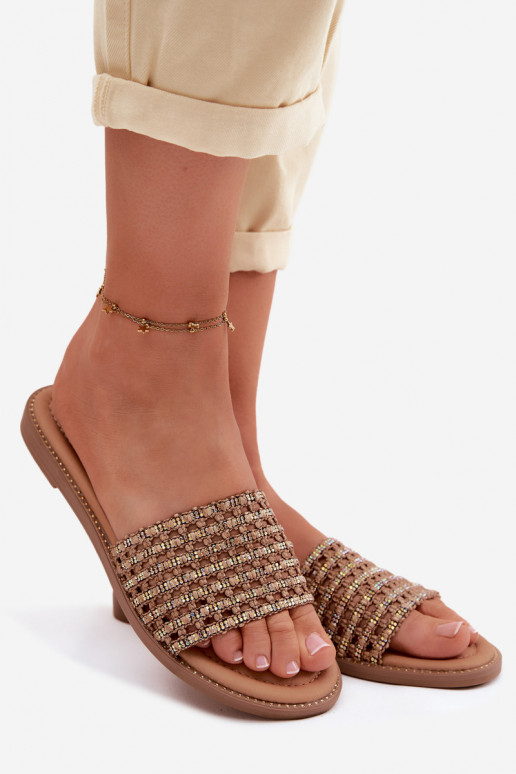 Women's Flat Rhinestone Brown Fendi Slides