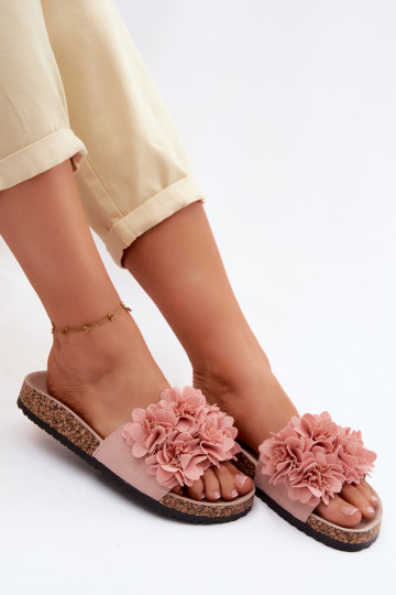 Women's Cork Sole Slippers With Decorative Flowers Pink Seleneza
