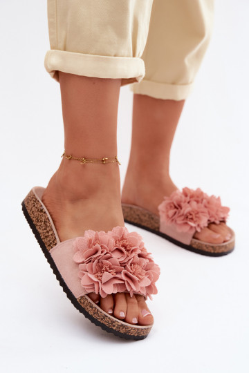 Women's Cork Sole Slippers With Decorative Flowers Pink Seleneza 2