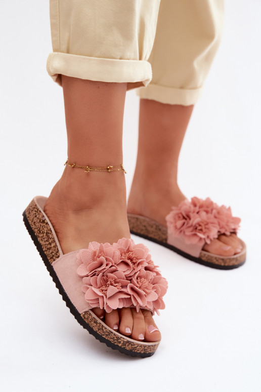 Women's Cork Sole Slippers With Decorative Flowers Pink Seleneza