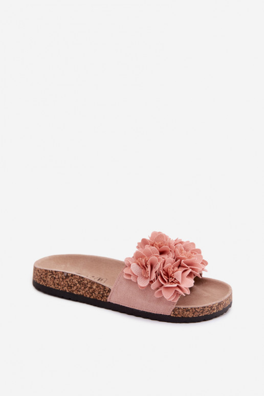 Pink faux leather slippers on cork sole with floral motifs Seleneza