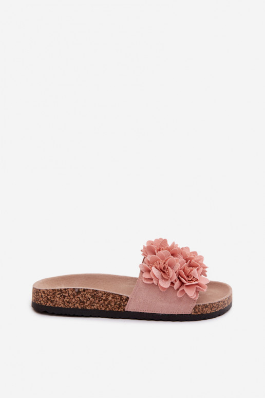 Women's Cork Sole Slippers With Decorative Flowers Pink Seleneza