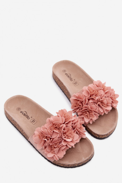 Pink faux leather slippers on cork sole with floral motifs Seleneza