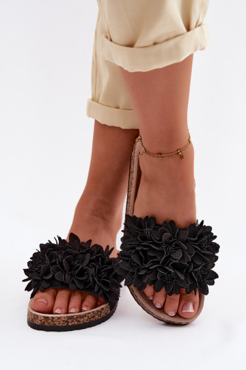 Women's Cork Sole Slippers With Decorative Flowers Black Seleneza