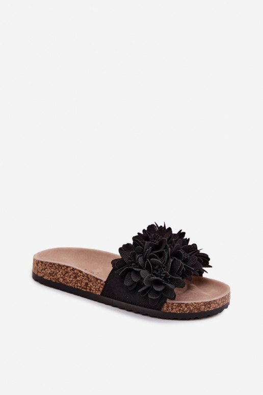 Women's Cork Sole Slippers With Decorative Flowers Black Seleneza