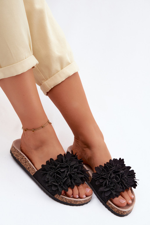 Women's Cork Sole Slippers With Decorative Flowers Black Seleneza