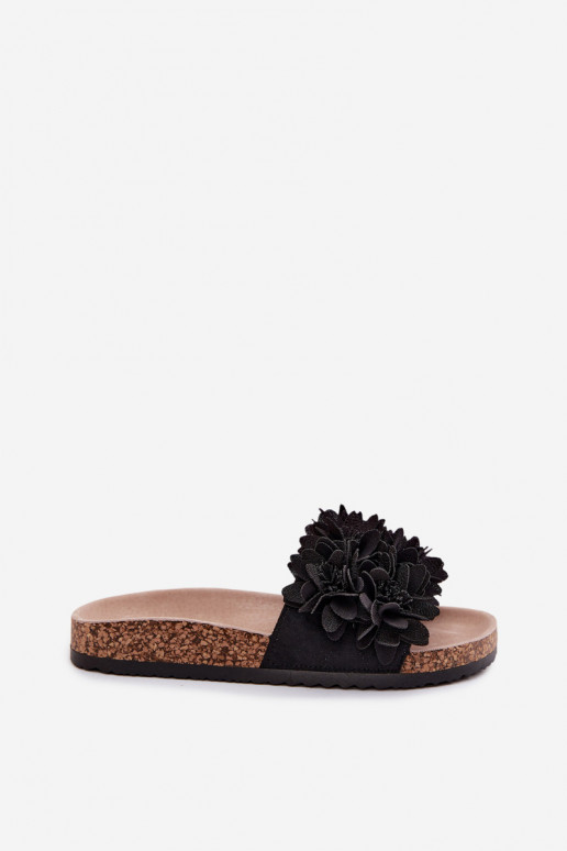 Women's Cork Sole Slippers With Decorative Flowers Black Seleneza