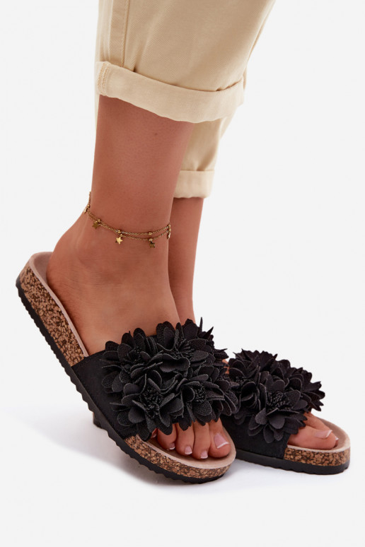 Women's Cork Sole Slippers With Decorative Flowers Black Seleneza
