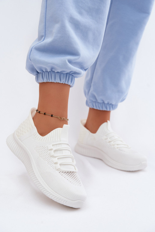 Materiałowe Wsuwane Buty Sportowe Damskie Białe Olive