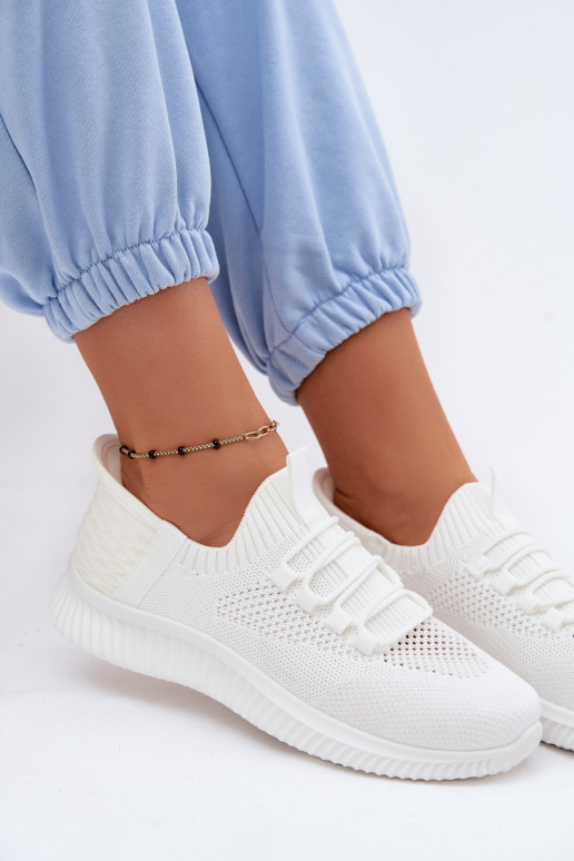 Materiałowe Wsuwane Buty Sportowe Damskie Białe Olive