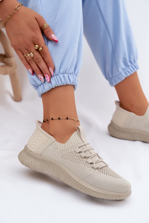 Materiałowe Wsuwane Buty Sportowe Damskie Beżowe Olive