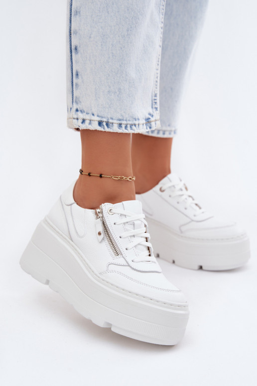 Skórzane Sneakersy Damskie Na Masywnej Platformie Zazoo N1084 Białe