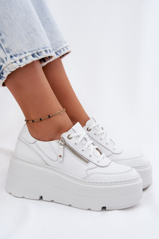 Skórzane Sneakersy Damskie Na Masywnej Platformie Zazoo N1084 Białe