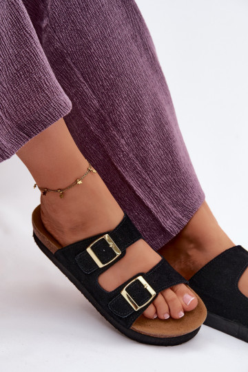 Leather Suede Women's Platform Slides With Buckles Vinceza 102657 Black