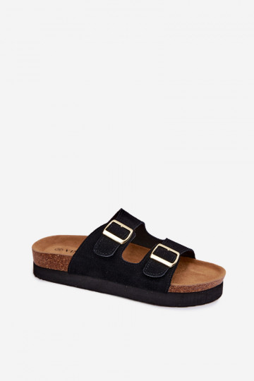 Black faux suede slippers with platform and buckles Vinceza 102657 2