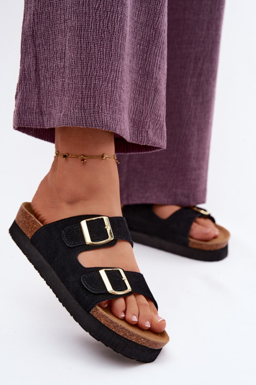 Skórzane Zamszowe Klapki Damskie Na PlatformiewithKlamrami Vinceza 102657 Czarne