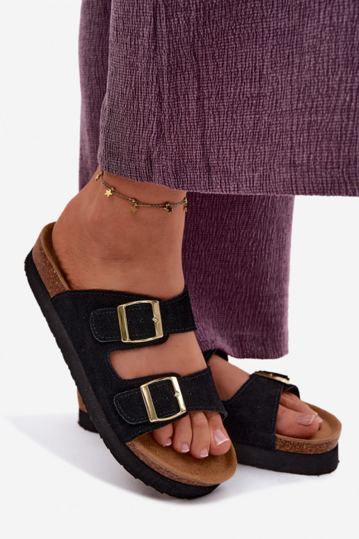 Leather Suede Women's Platform Slides With Buckles Vinceza 102657 Black