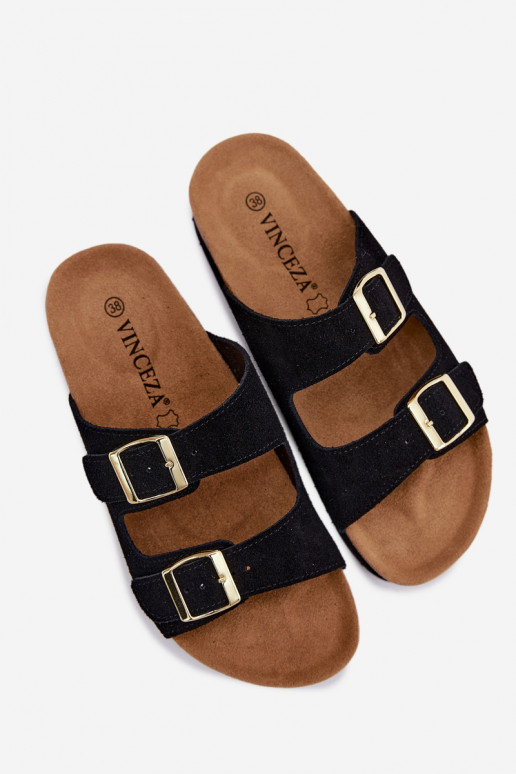 Leather Suede Women's Platform Slides With Buckles Vinceza 102657 Black