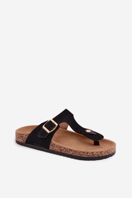 Leather Suede Flip Flops With Gold Buckle Black Honey