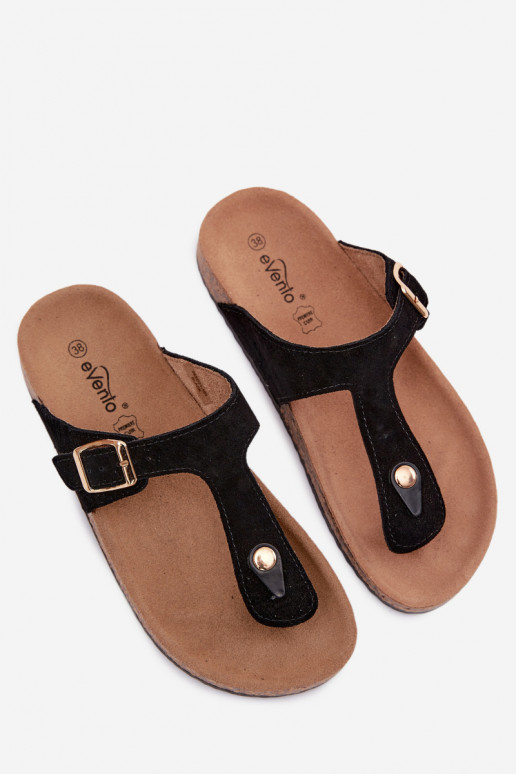 Leather Suede Flip Flops With Gold Buckle Black Honey
