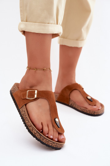 Leather Suede Flip Flops With Gold Buckle Camel Honey 2