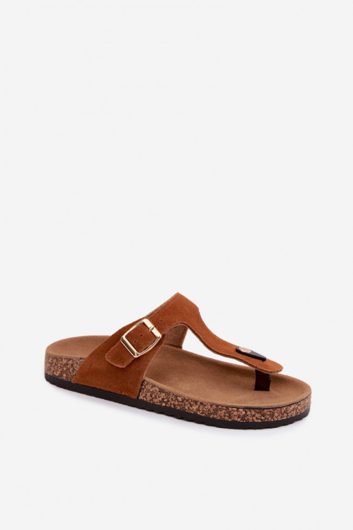 Brown faux suede slippers with gold buckles Honey
