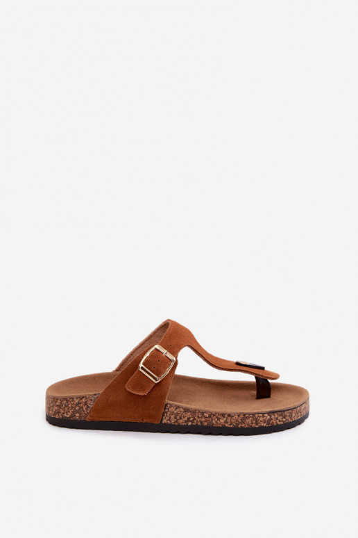 Leather Suede Flip Flops With Gold Buckle Camel Honey