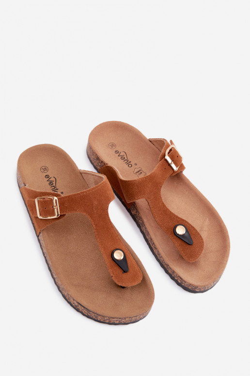 Leather Suede Flip Flops With Gold Buckle Camel Honey