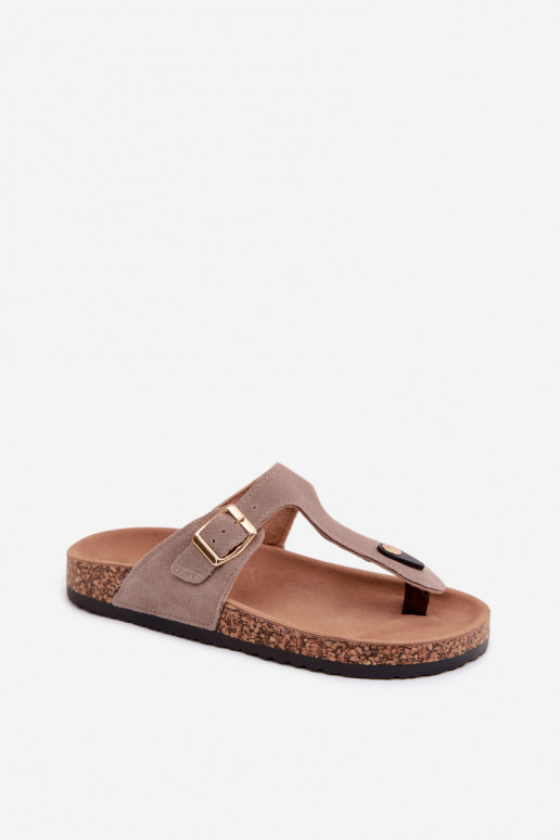 Leather Suede Flip Flops With Gold Buckle Dark Beige Honey