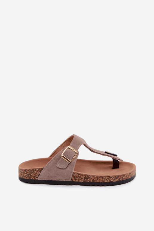 Leather Suede Flip Flops With Gold Buckle Dark Beige Honey