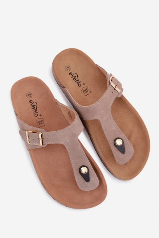 Leather Suede Flip Flops With Gold Buckle Dark Beige Honey