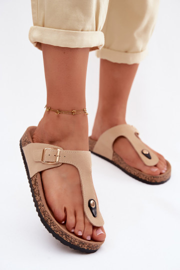 Leather Suede Flip Flops With Gold Buckle Beige Honey 2