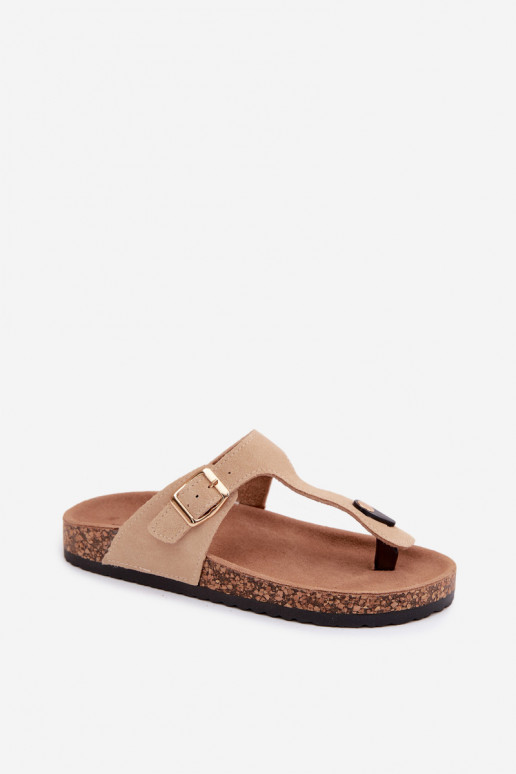 Sand faux suede slippers with gold buckles Honey