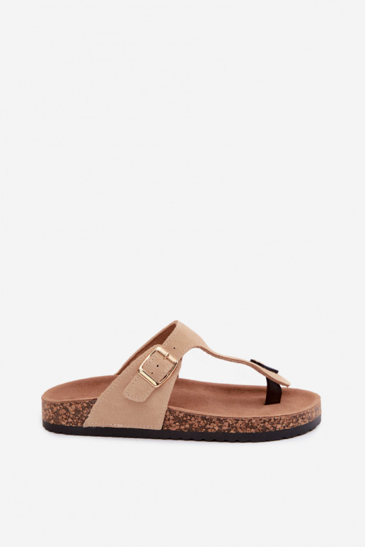 Sand faux suede slippers with gold buckles Honey